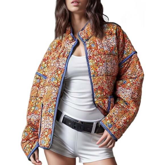Jackets & Blazers - Women’s Orange  Cropped Puffer Quilted Jacket Floral Print Lightweight Coat